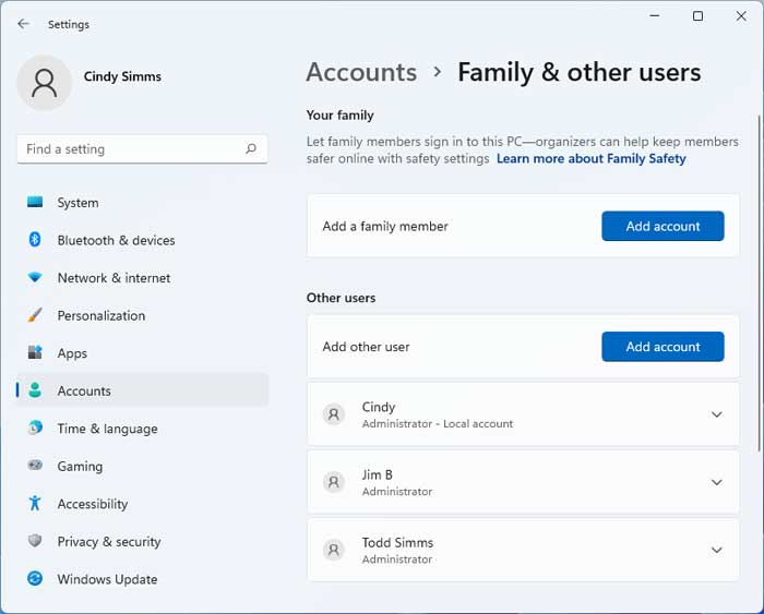 Windows 11 user account settings