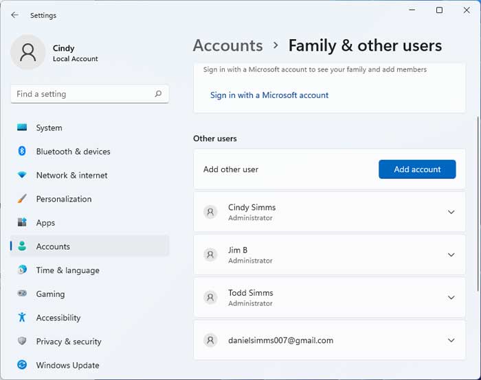 Windows 11 login user accounts