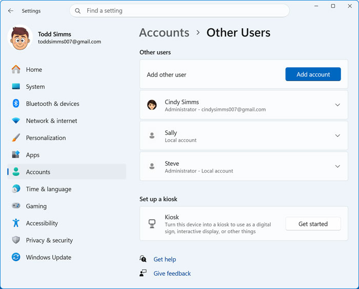 Windows user account settings