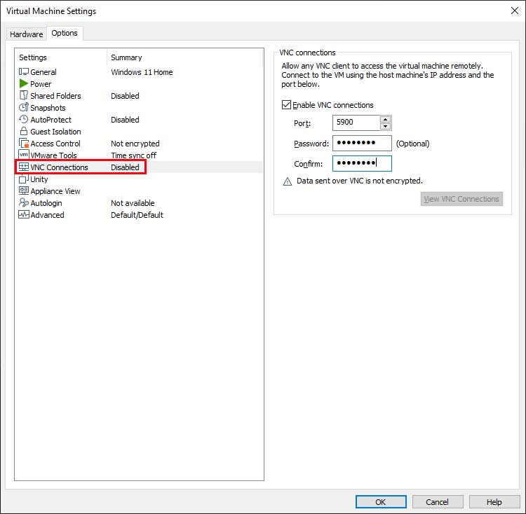 VMware VNC Connections Settings