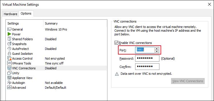 VMware Workstation VNC connection port number