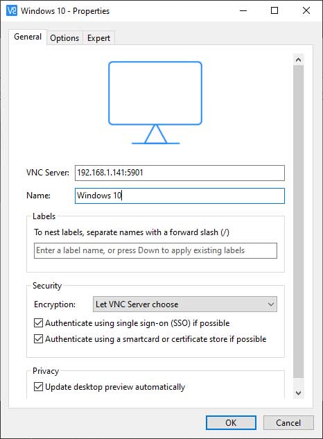 VNC Viewer connection setup