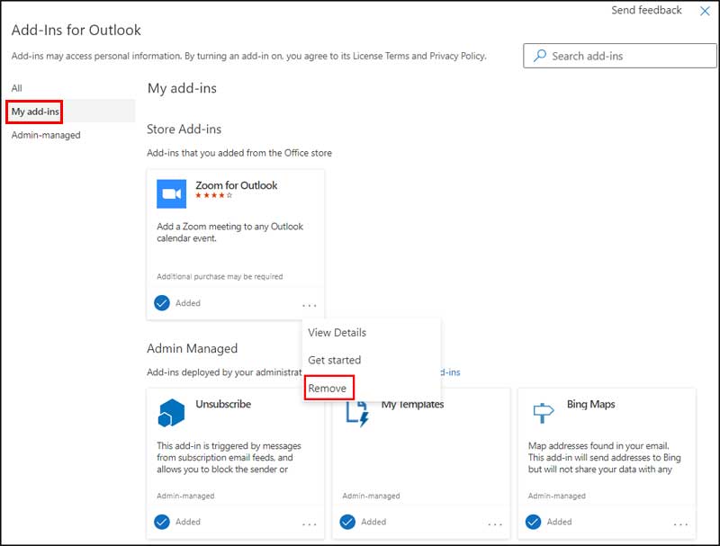 Remove or manage Outlook add-in