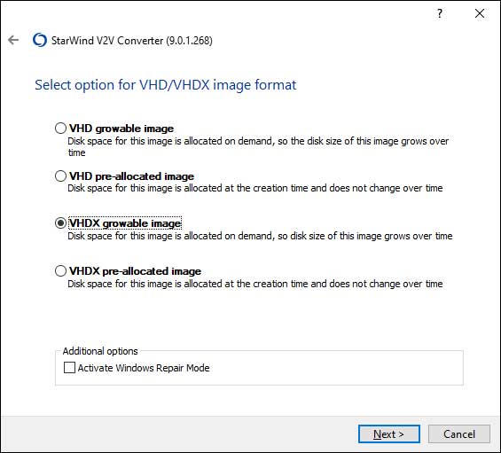 Starwind select option for VHD/VHDX image format