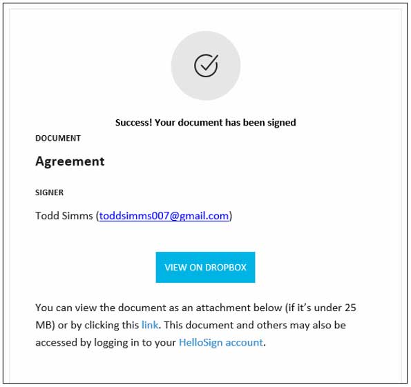 Dropbox HelloSign eSignatures signed email