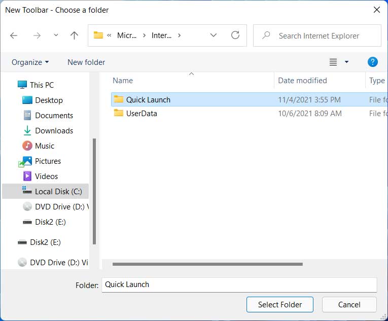 Windows 11 Quick Launch folder