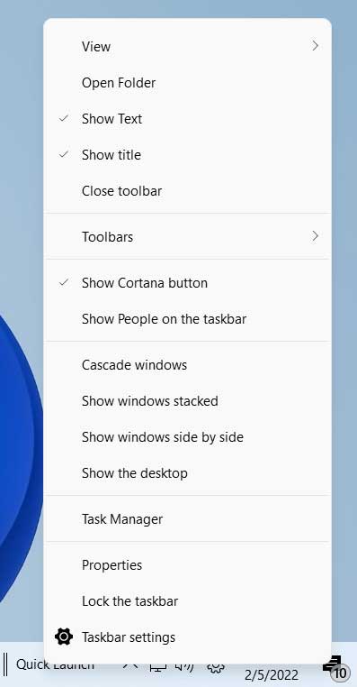 Windows 11 Quick Launch toolbar labels