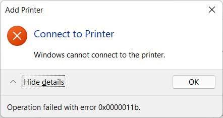 Windows Cannot Connect to the Printer Error 0x0000011b
