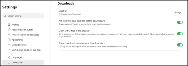 Edge Downloads settings