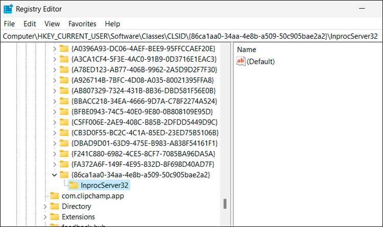 Windows Registry Editor InprocServer32