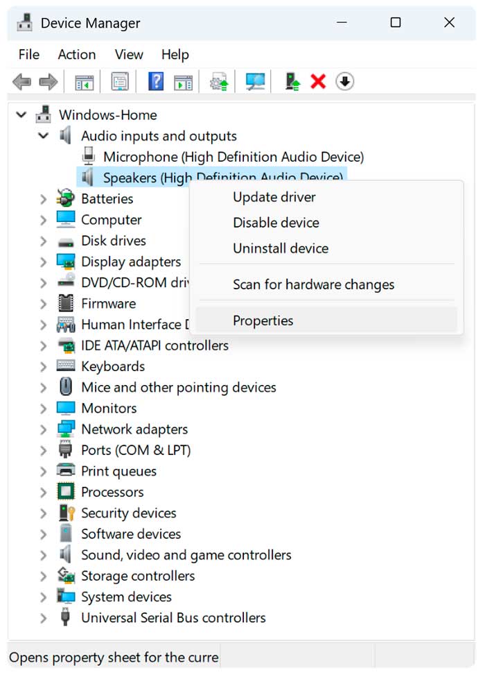 Device Manager hardware properties