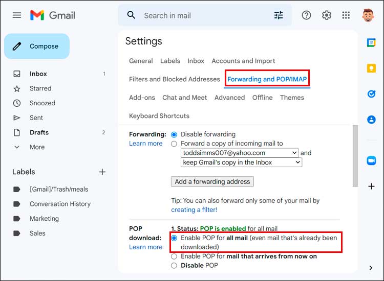 Gmail forwarding POP/IMAP