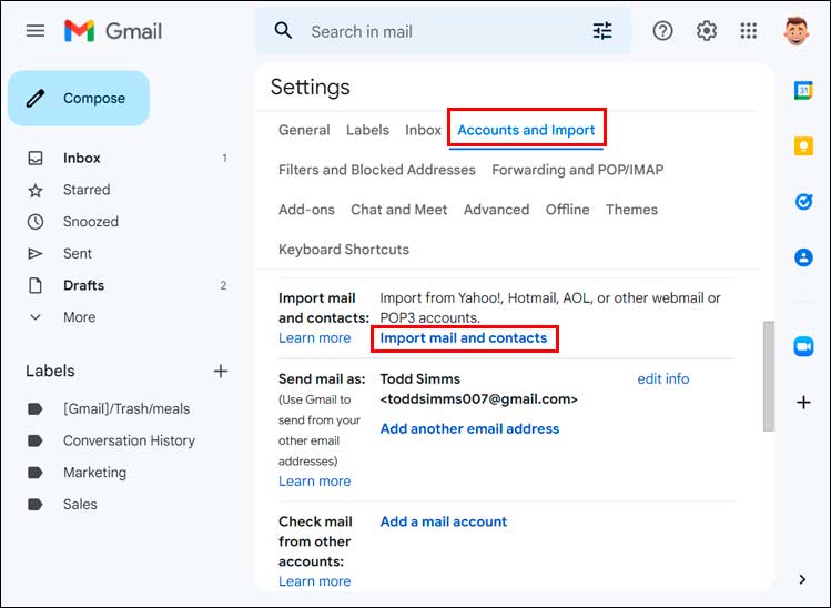 Gmail accounts and import