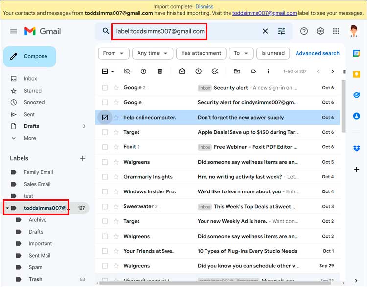 Gmail import complete message