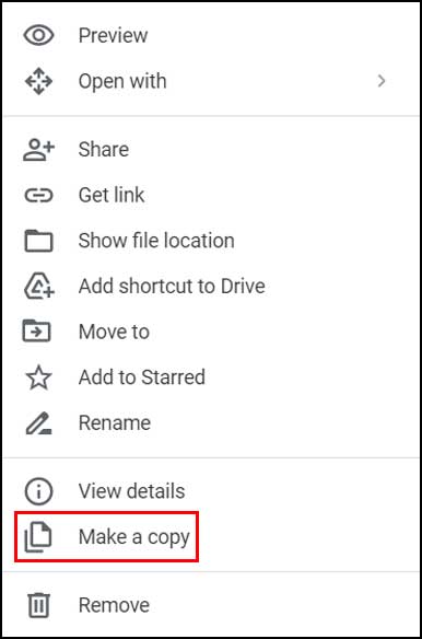 Google Drive file right click options make a copy