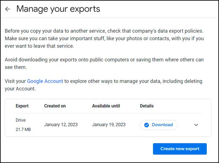 Google Takeout Mange Exports