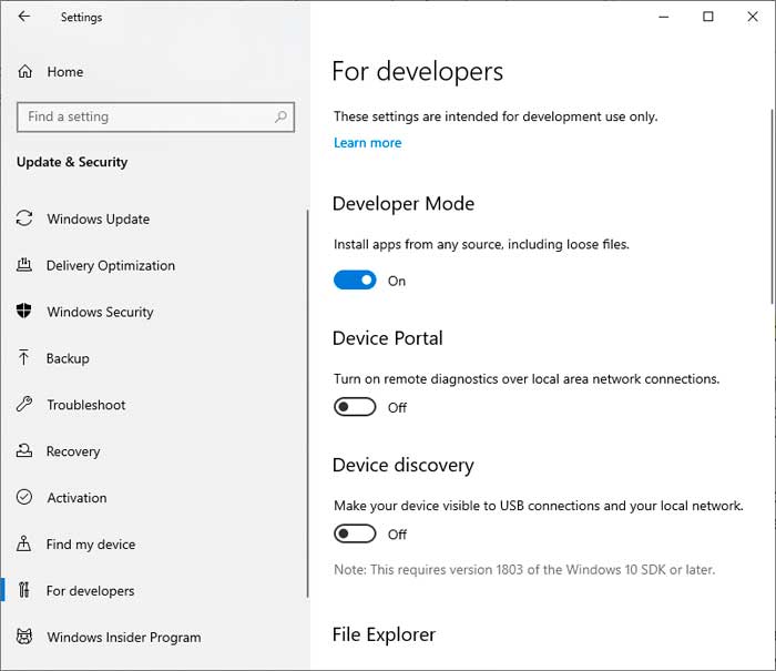 Windows 10 Developer Mode Settings