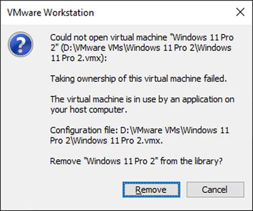 VMware Workstation taking ownership of this virtual machine failed