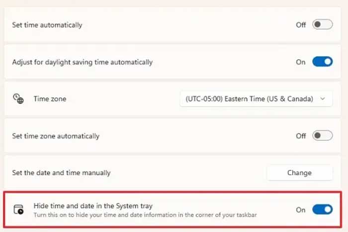 Windows 11 Hide time and date in the System tray new option