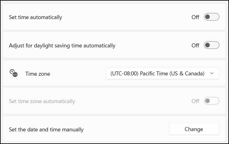 Windows date and time settings