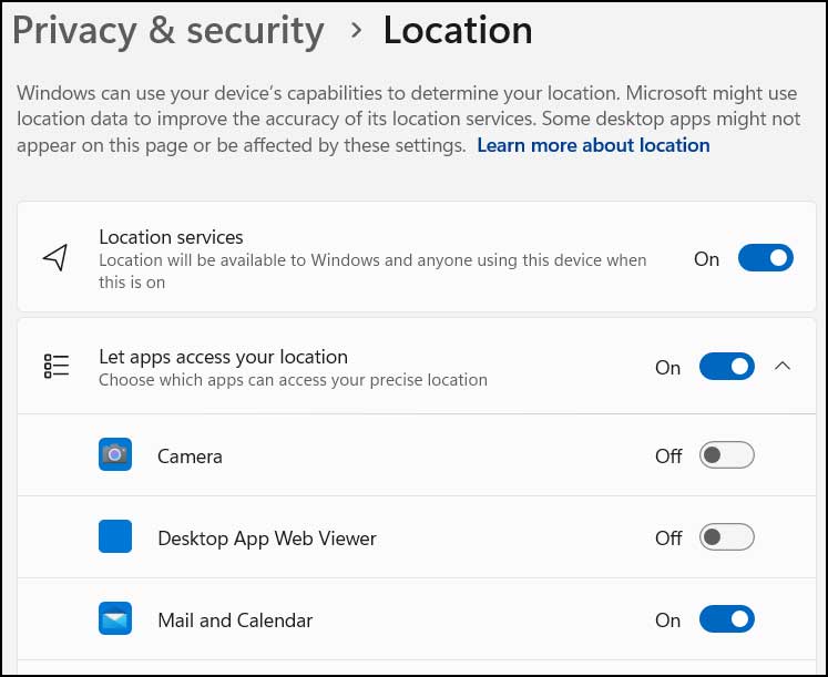 Windows Privacy and Security Location settings