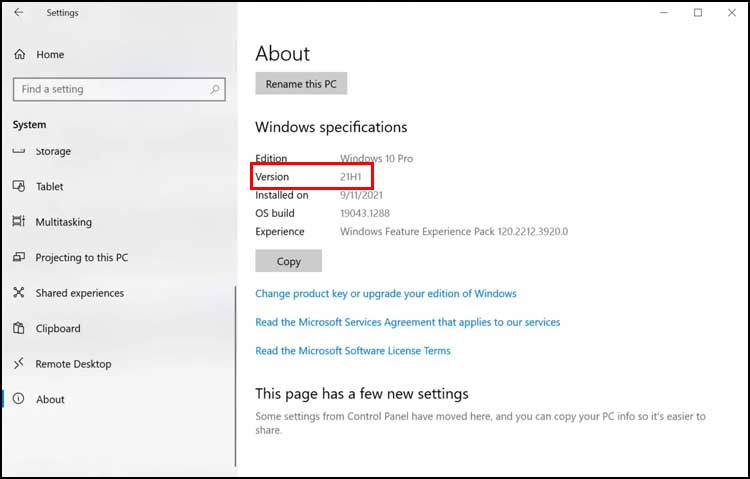 Windows 10 System About Settings