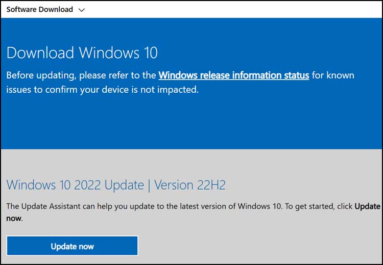 Windows 10 22H2 Update Assistant Website