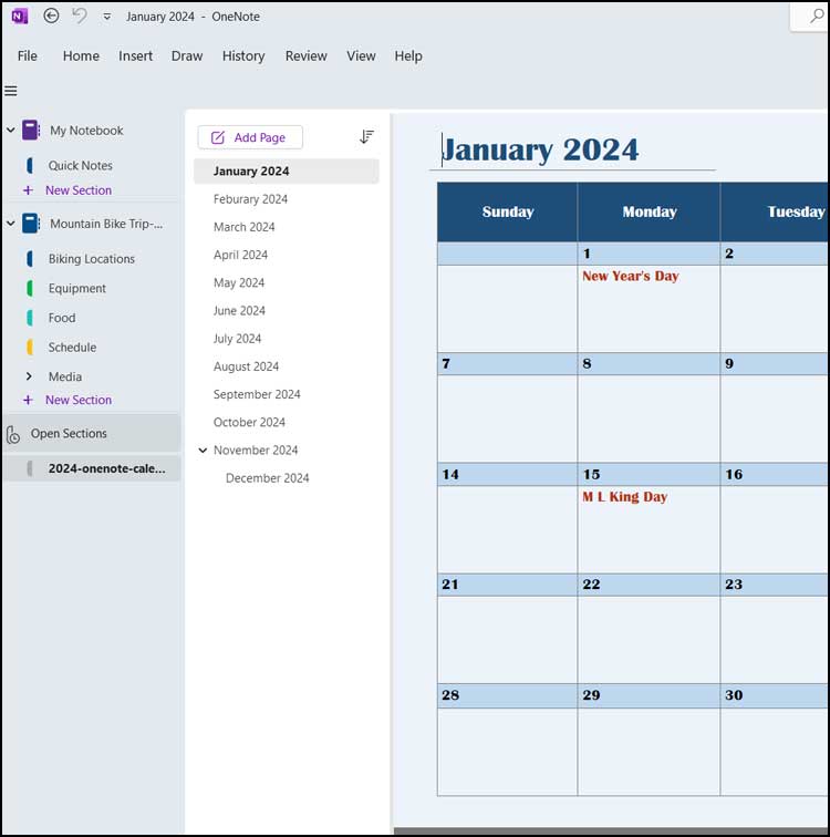 Insert an Editable Calendar into a OneNote Notebook