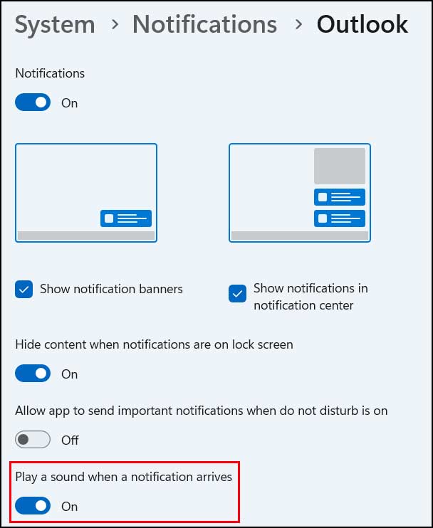 Windows Outlook Notification Settings