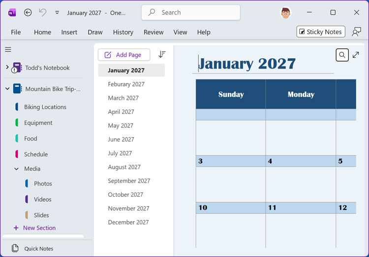 OneNote calendar