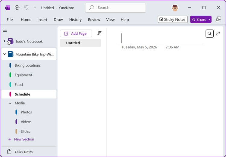 OneNote new section