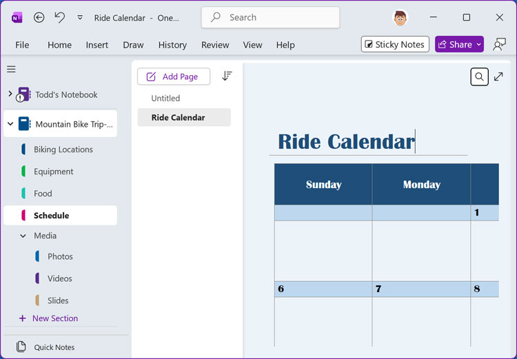 OneNote rename new calendar
