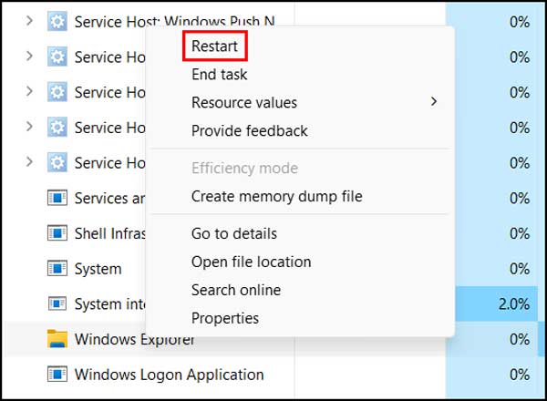 Restart Windows Explorer from Task Manager