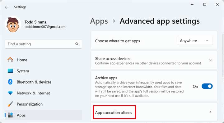 Windows 11 Advanced app settings