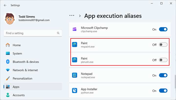 Windows 11 App execution aliases setting