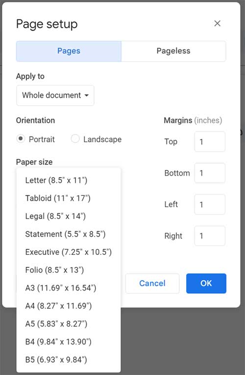 Google Docs Page Setup