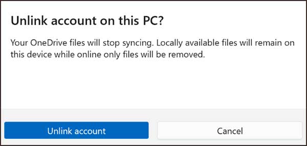OneDrive Unlink Account on this PC