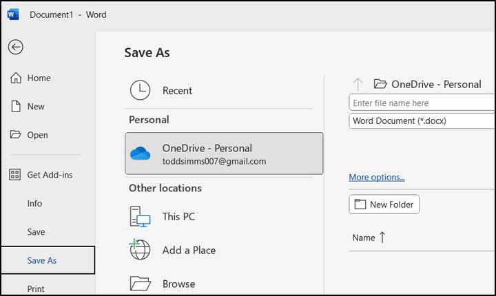Microsoft Word Save As OneDrive