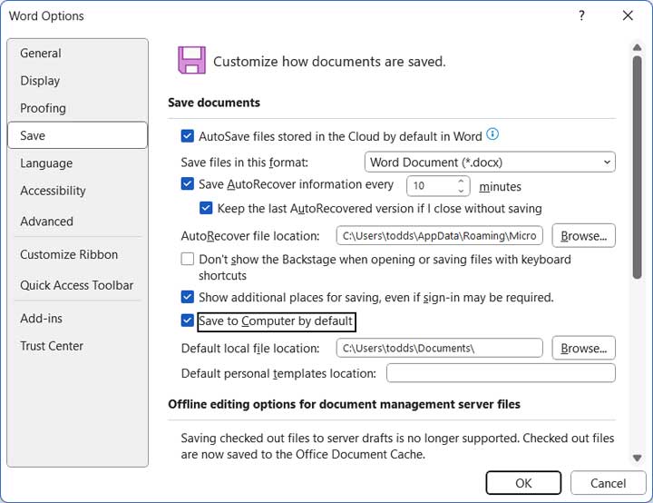 Office Save to Computer by Default option