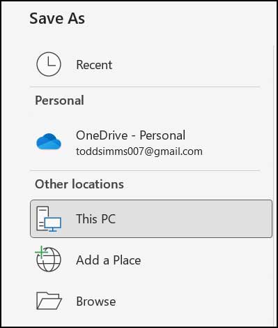 Microsoft Office Save As this PC Default