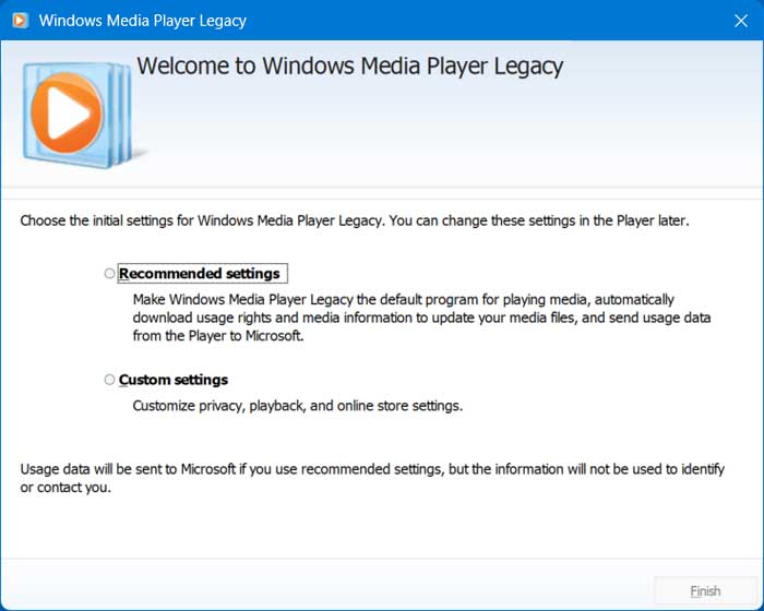 Windows Media Player initial settings