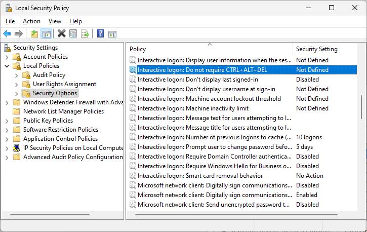 Windows local security policy secpol.msc Interactive logon: Do not require CTRL+ALT+DEL