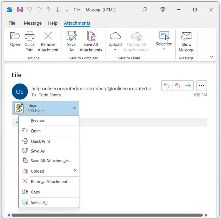 Unblocked attachment in Outlook