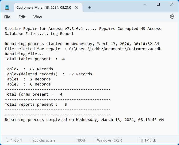 Database repair log file