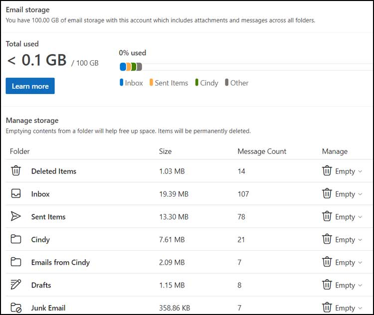 Outlook webmail storage usage