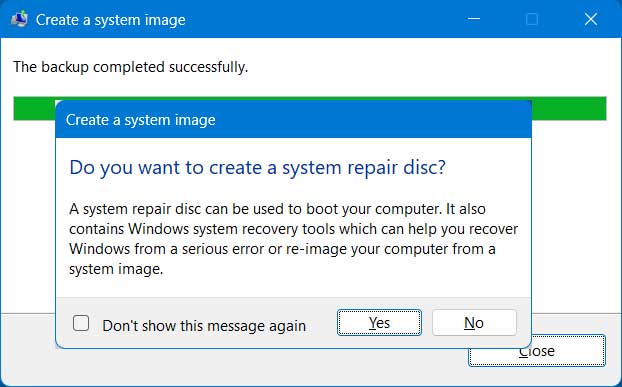 Create system repair disk prompt