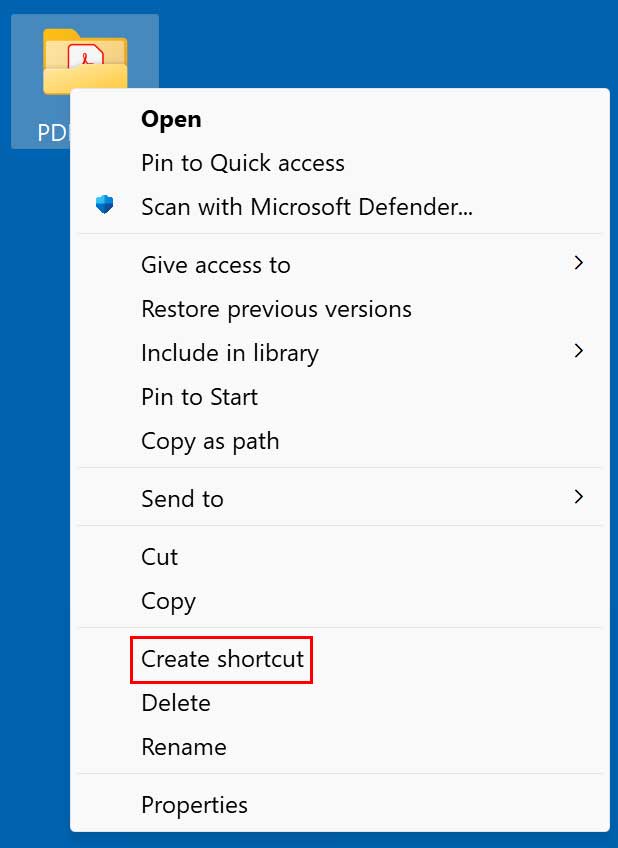 Create folder shortcut in Windows