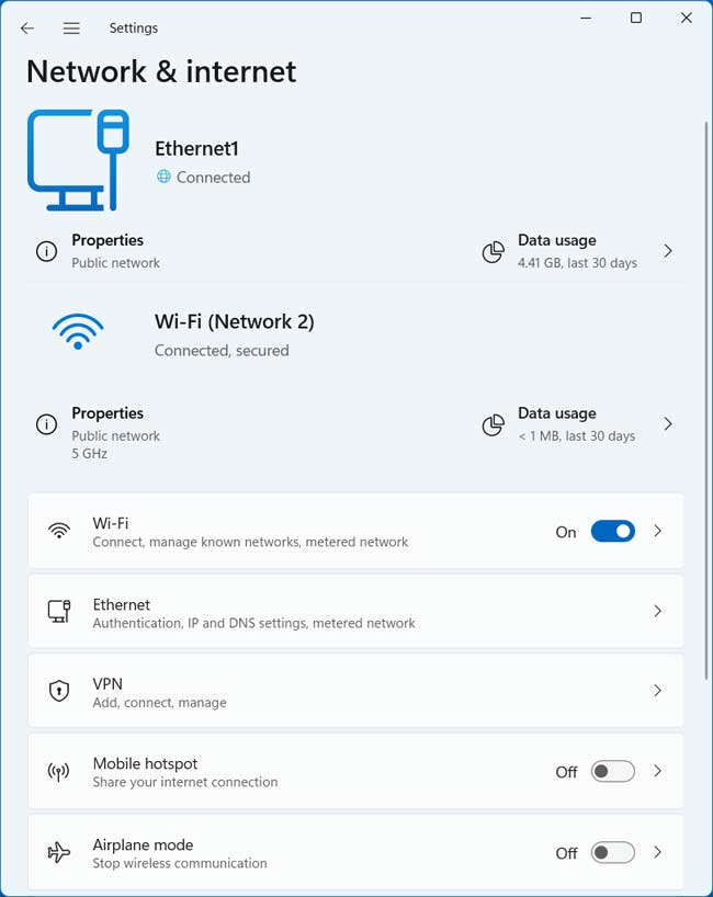 Windows Network & Internet Settings
