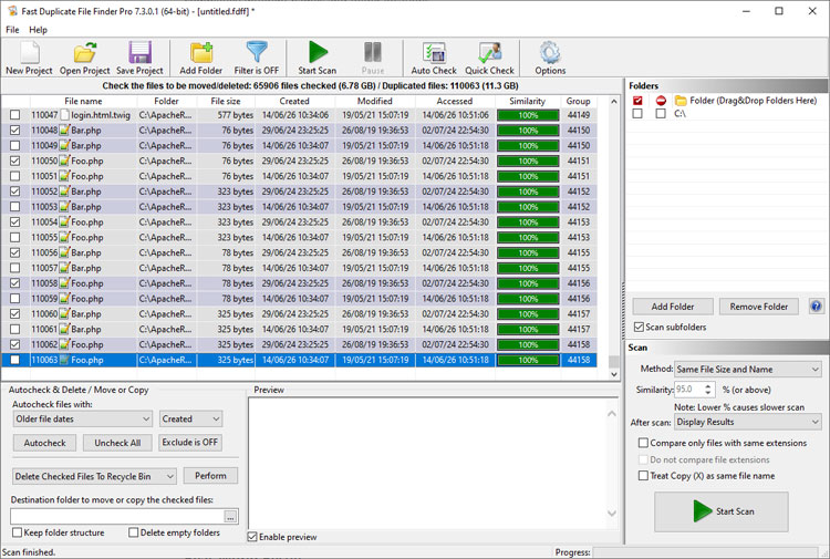 MindGems Duplicate File Finder results on Windows showing 44,158 duplicate groups and 110,063 duplicate files found during a scan.