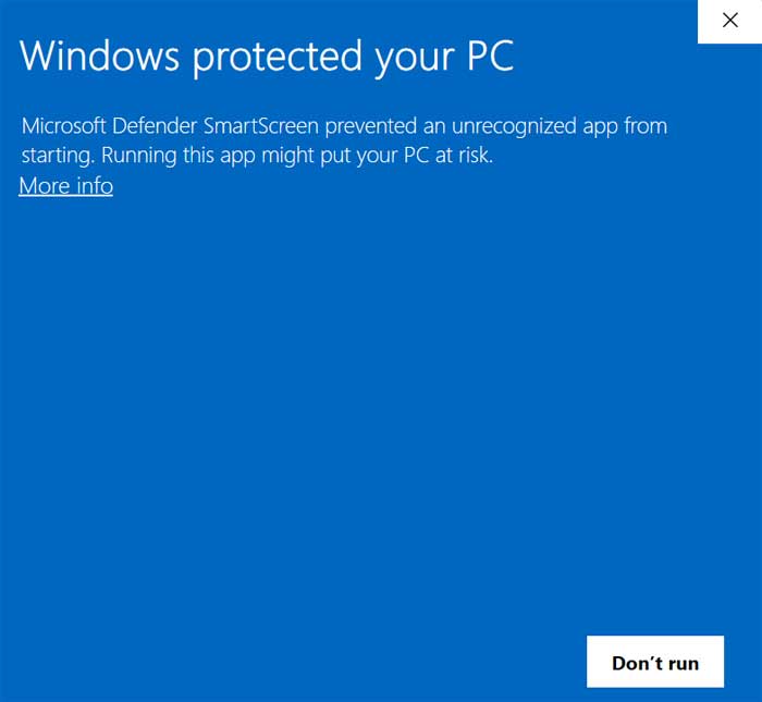 Microsoft Defender SmartScreen prevented an unrecognized app from starting